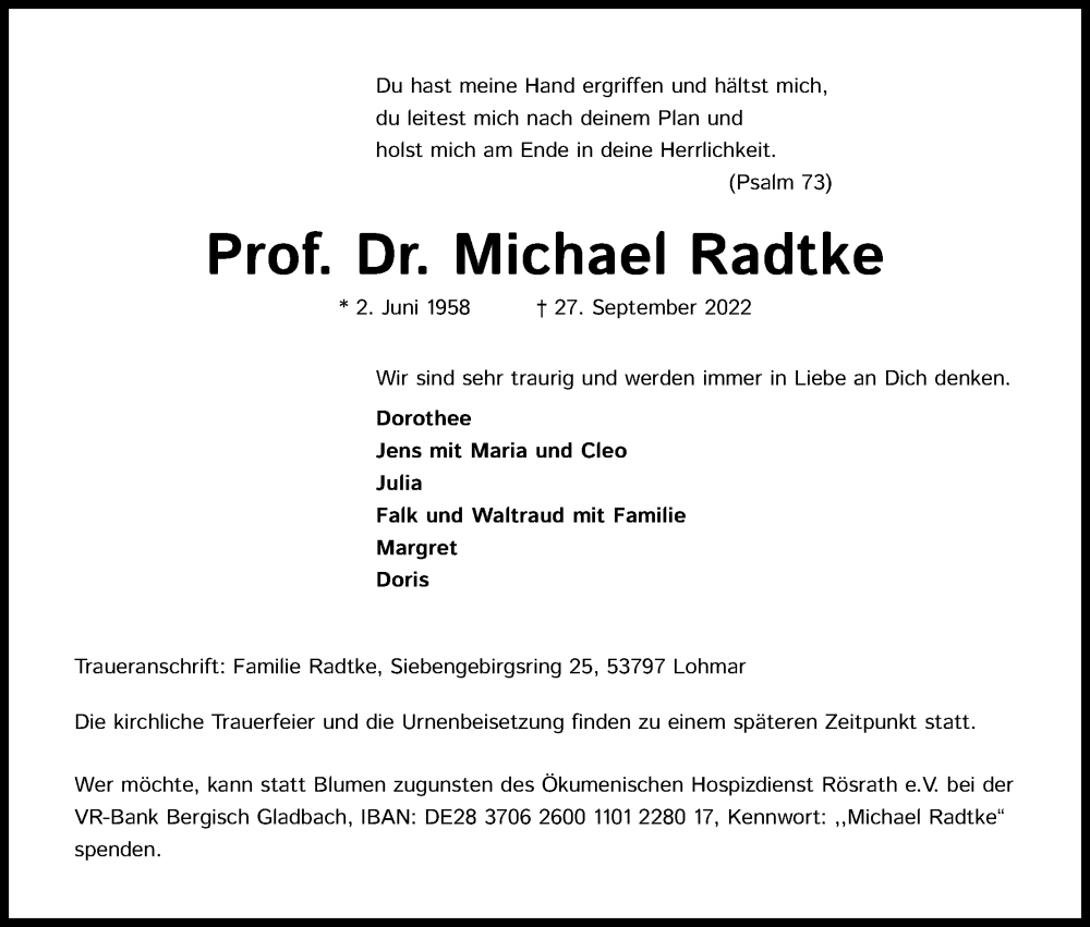  Traueranzeige für Michael Radtke vom 01.10.2022 aus Kölner Stadt-Anzeiger / Kölnische Rundschau / Express