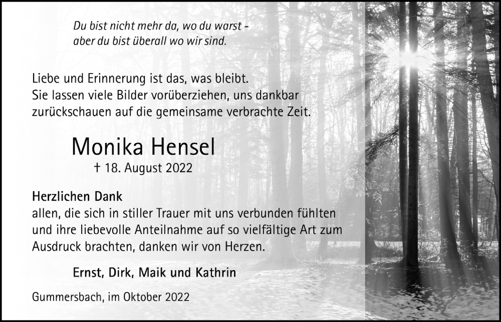  Traueranzeige für Monika Hensel vom 14.10.2022 aus  Anzeigen Echo 