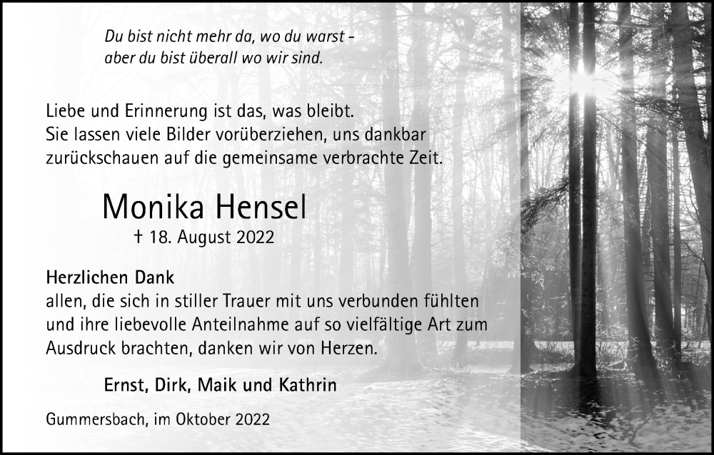  Traueranzeige für Monika Hensel vom 15.10.2022 aus Kölner Stadt-Anzeiger / Kölnische Rundschau / Express