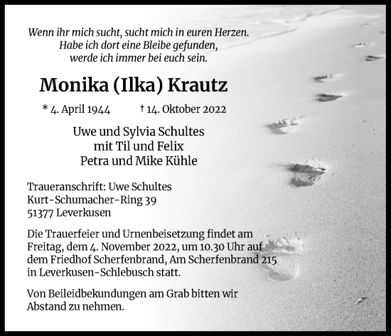 Anzeige von Monika Krautz von Kölner Stadt-Anzeiger / Kölnische Rundschau / Express