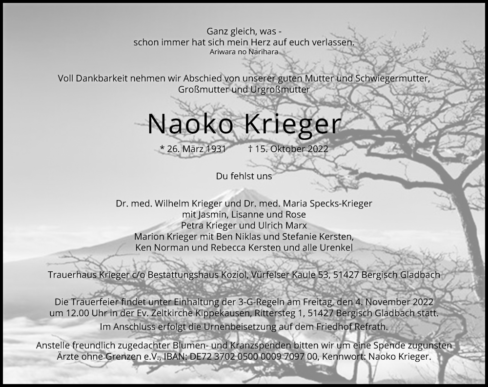  Traueranzeige für Naoko Krieger vom 29.10.2022 aus Kölner Stadt-Anzeiger / Kölnische Rundschau / Express