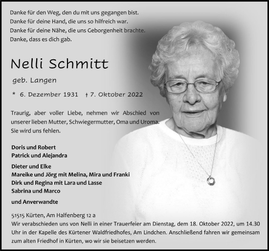 Anzeige von Nelli Schmitt von  Bergisches Handelsblatt 