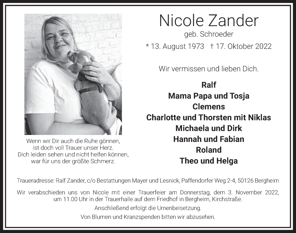  Traueranzeige für Nicole Zander vom 21.10.2022 aus  Werbepost 