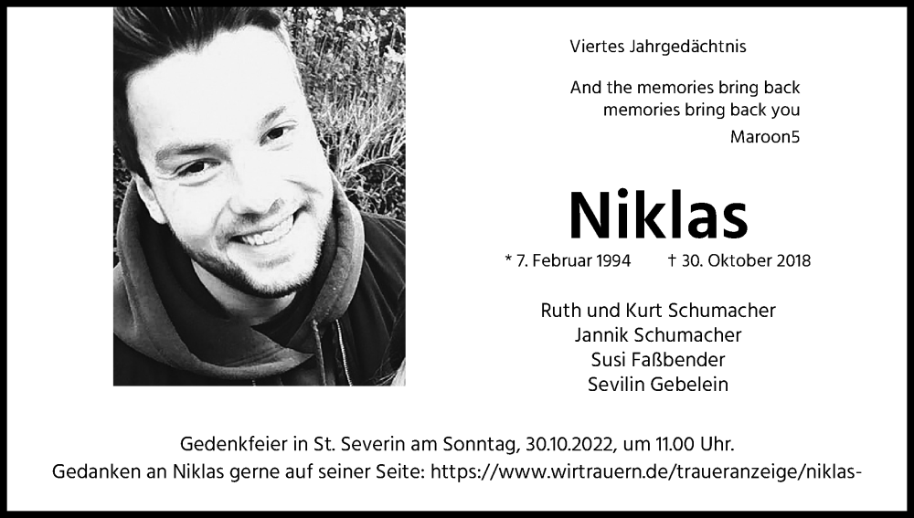  Traueranzeige für Niklas  vom 29.10.2022 aus Kölner Stadt-Anzeiger / Kölnische Rundschau / Express