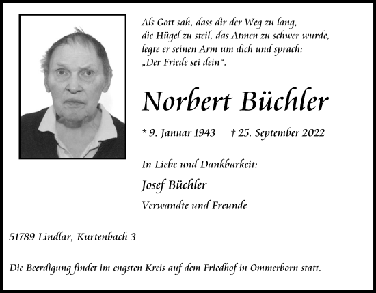 Anzeige von Norbert Büchler von Kölner Stadt-Anzeiger / Kölnische Rundschau / Express