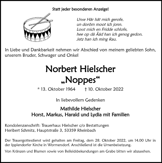 Anzeige von Norbert Hielscher von  Schaufenster/Blickpunkt 