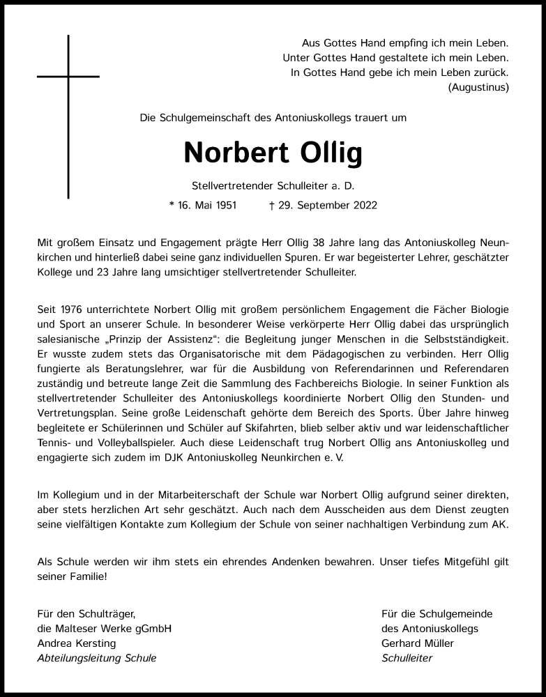  Traueranzeige für Norbert Ollig vom 08.10.2022 aus Kölner Stadt-Anzeiger / Kölnische Rundschau / Express