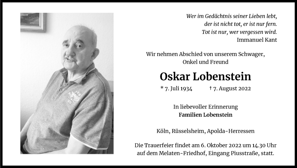  Traueranzeige für Oskar Lobenstein vom 01.10.2022 aus Kölner Stadt-Anzeiger / Kölnische Rundschau / Express
