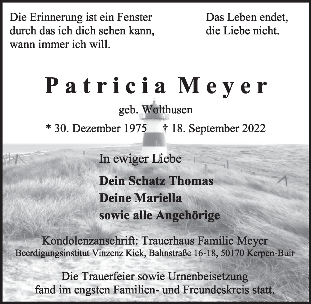  Traueranzeige für Patricia Meyer vom 07.10.2022 aus  Werbepost 