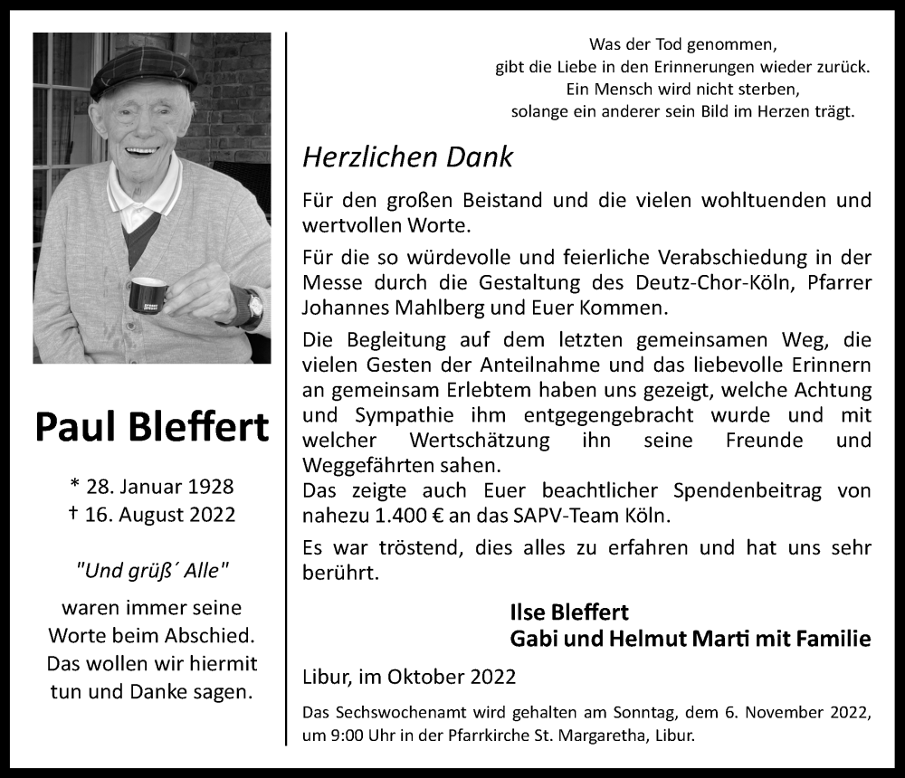  Traueranzeige für Paul Bleffert vom 07.10.2022 aus  EXPRESS - Die Woche 
