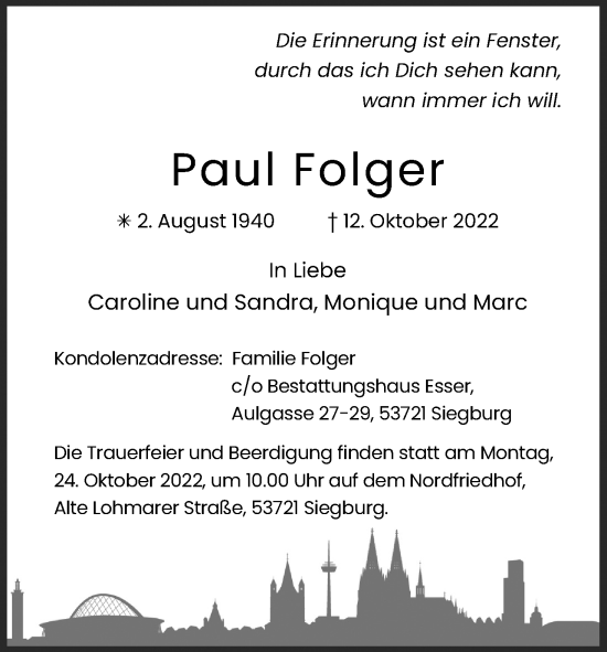 Anzeige von Paul Folger von Kölner Stadt-Anzeiger / Kölnische Rundschau / Express