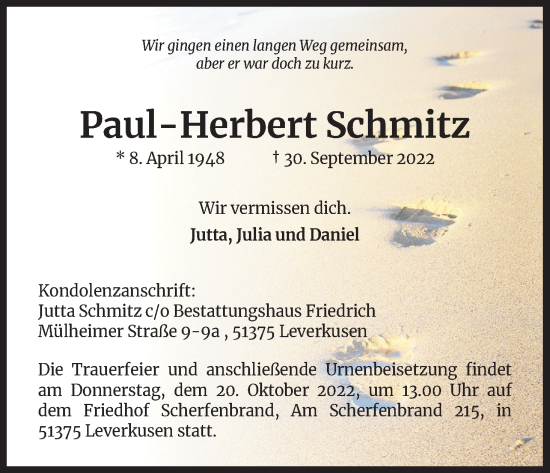 Anzeige von Paul-Herbert Schmitz von Kölner Stadt-Anzeiger / Kölnische Rundschau / Express