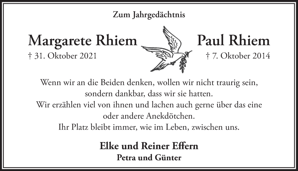  Traueranzeige für Paul Rhiem vom 29.10.2022 aus  Blickpunkt Euskirchen 