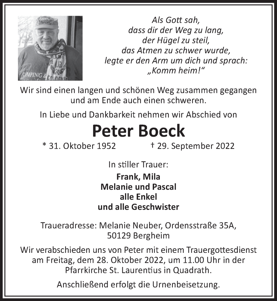  Traueranzeige für Peter Boeck vom 21.10.2022 aus  Werbepost 