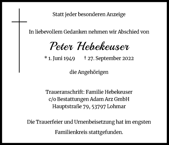 Anzeige von Peter Hebekeuser von Kölner Stadt-Anzeiger / Kölnische Rundschau / Express