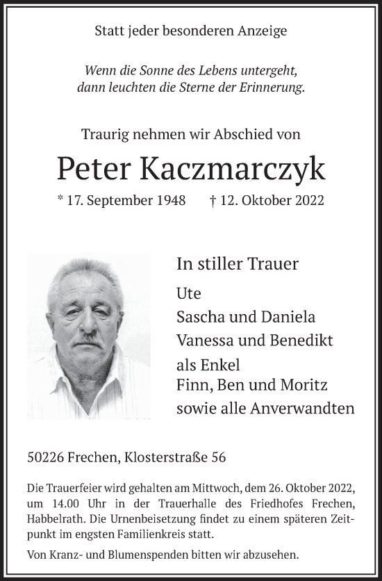 Anzeige von Peter Kaczmarczyk von  Wochenende 
