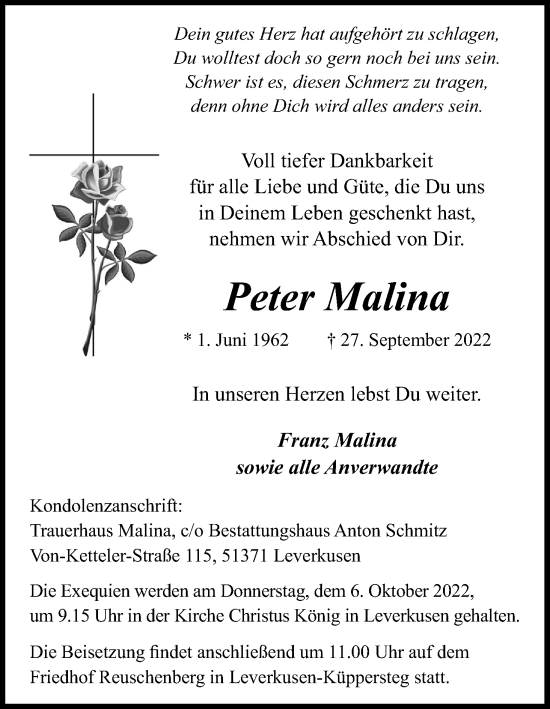 Anzeige von Peter Malina von Kölner Stadt-Anzeiger / Kölnische Rundschau / Express