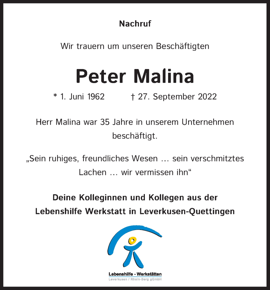  Traueranzeige für Peter Malina vom 15.10.2022 aus Kölner Stadt-Anzeiger / Kölnische Rundschau / Express
