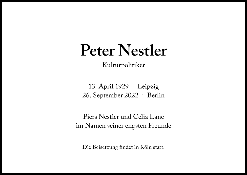  Traueranzeige für Peter Nestler vom 01.10.2022 aus Kölner Stadt-Anzeiger / Kölnische Rundschau / Express