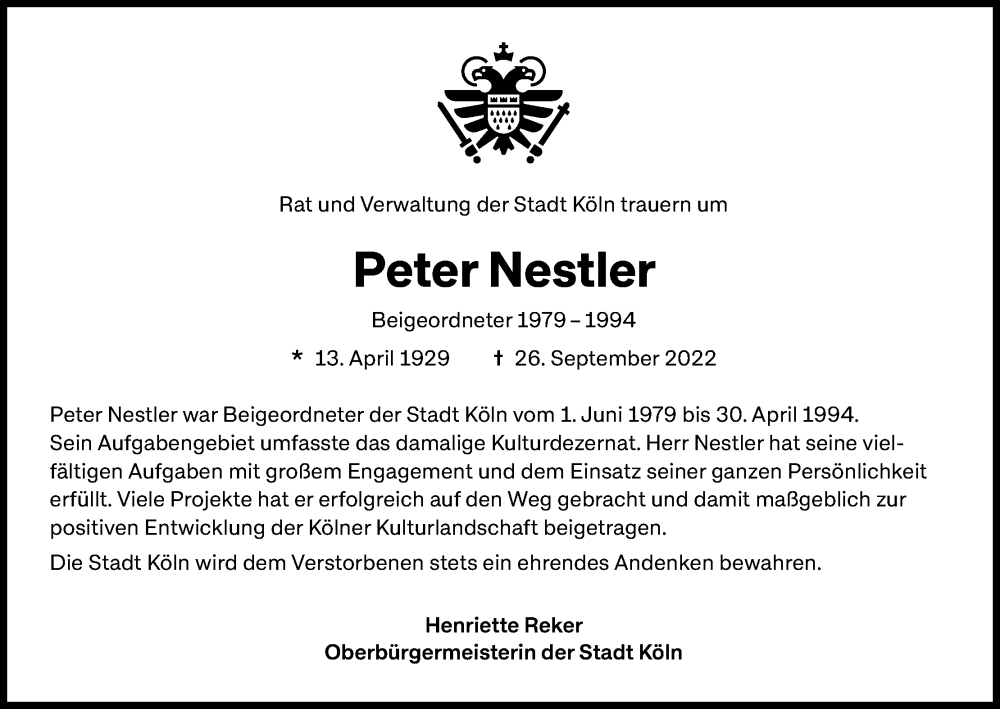  Traueranzeige für Peter Nestler vom 01.10.2022 aus Kölner Stadt-Anzeiger / Kölnische Rundschau / Express