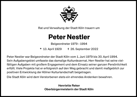 Anzeige von Peter Nestler von Kölner Stadt-Anzeiger / Kölnische Rundschau / Express