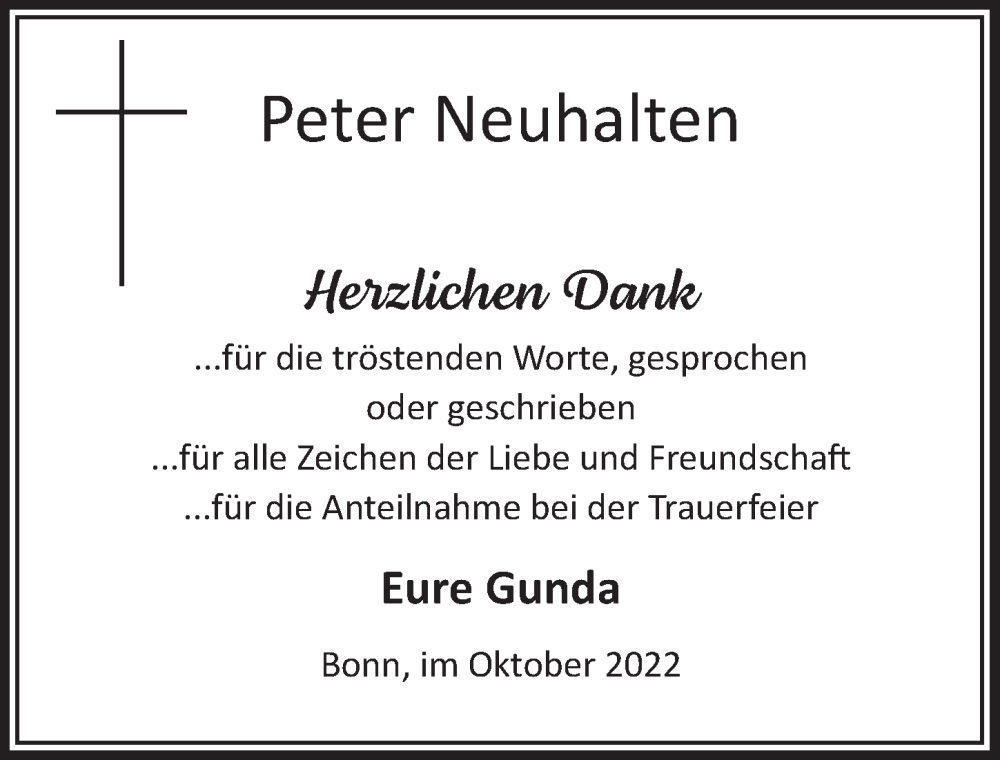  Traueranzeige für Peter Neuhalten vom 14.10.2022 aus  Schaufenster/Blickpunkt  Schlossbote/Werbekurier 
