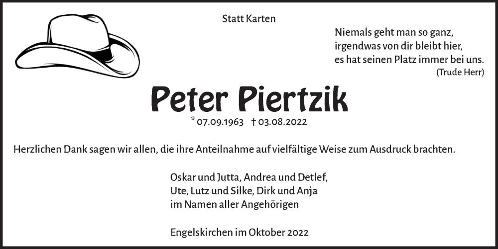  Traueranzeige für Peter Piertzik vom 07.10.2022 aus  Anzeigen Echo 