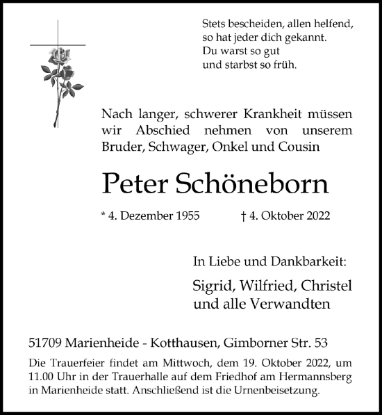 Anzeige von Peter Schöneborn von  Anzeigen Echo 