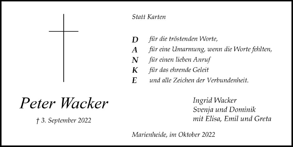  Traueranzeige für Peter Wacker vom 28.10.2022 aus  Anzeigen Echo 