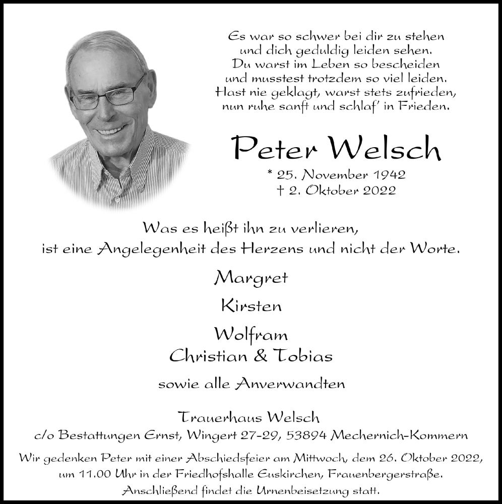  Traueranzeige für Peter Welsch vom 15.10.2022 aus  Blickpunkt Euskirchen 
