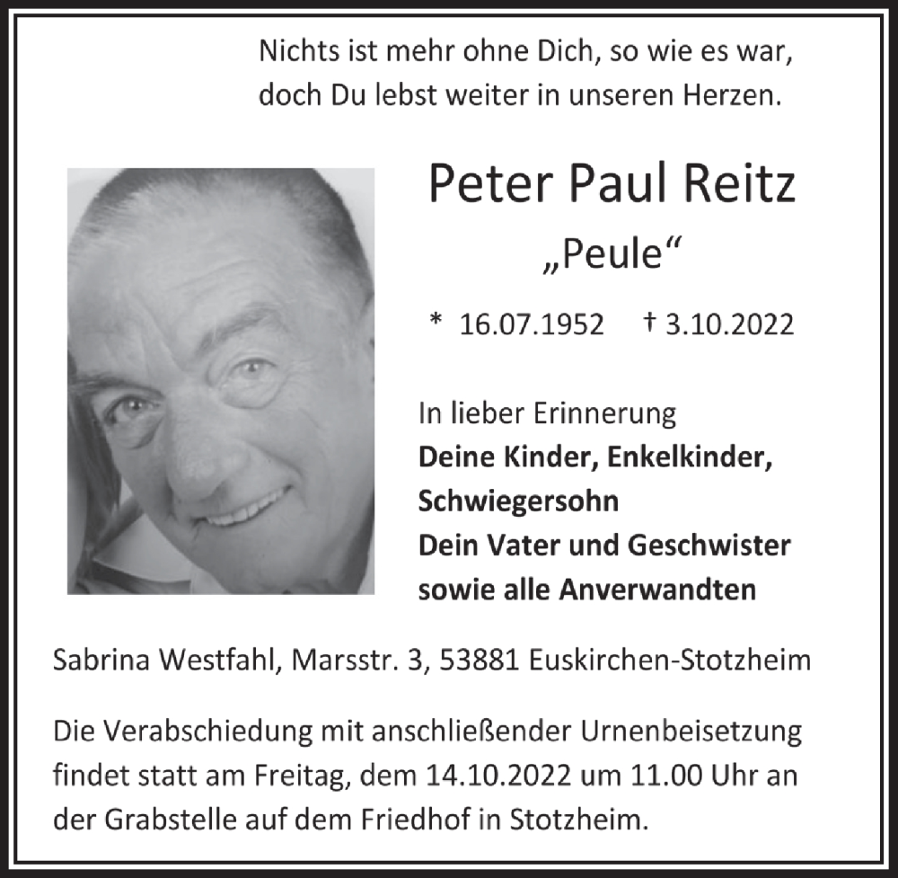  Traueranzeige für Peter Paul Reitz vom 08.10.2022 aus  Blickpunkt Euskirchen 