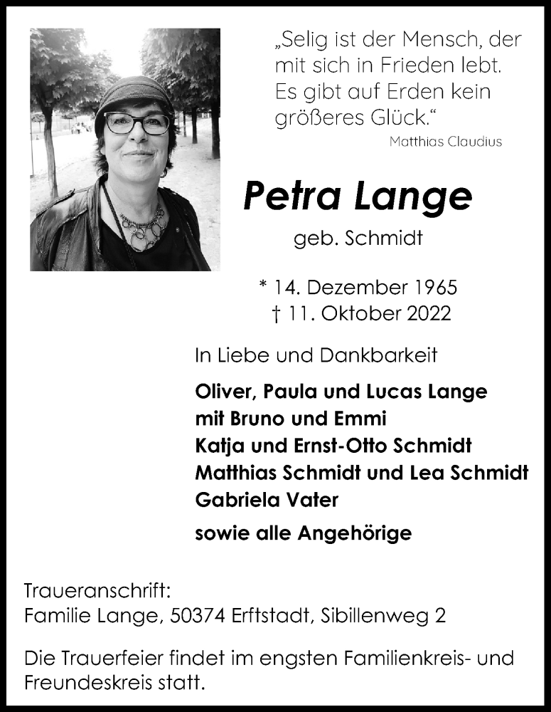  Traueranzeige für Petra Lange vom 01.11.2022 aus Kölner Stadt-Anzeiger / Kölnische Rundschau / Express