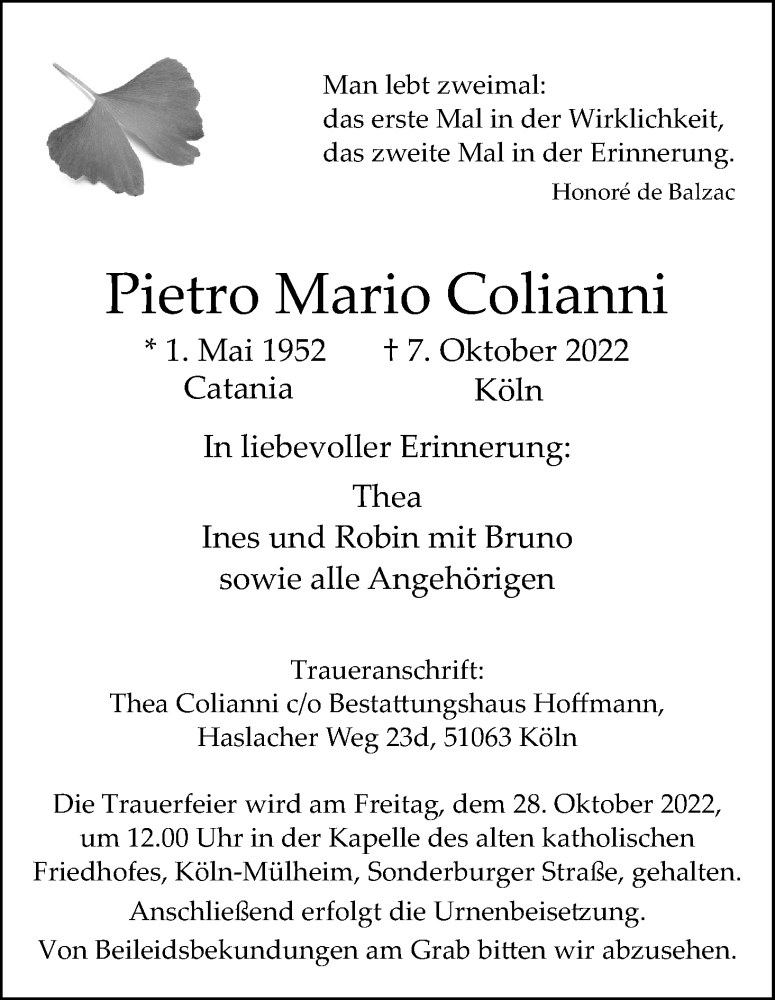  Traueranzeige für Pietro Mario Colianni vom 22.10.2022 aus Kölner Stadt-Anzeiger / Kölnische Rundschau / Express