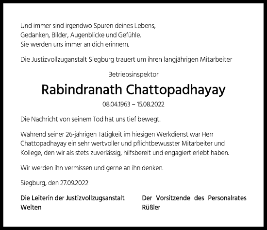 Anzeige von Rabindranath Chattopadhayay von Kölner Stadt-Anzeiger / Kölnische Rundschau / Express