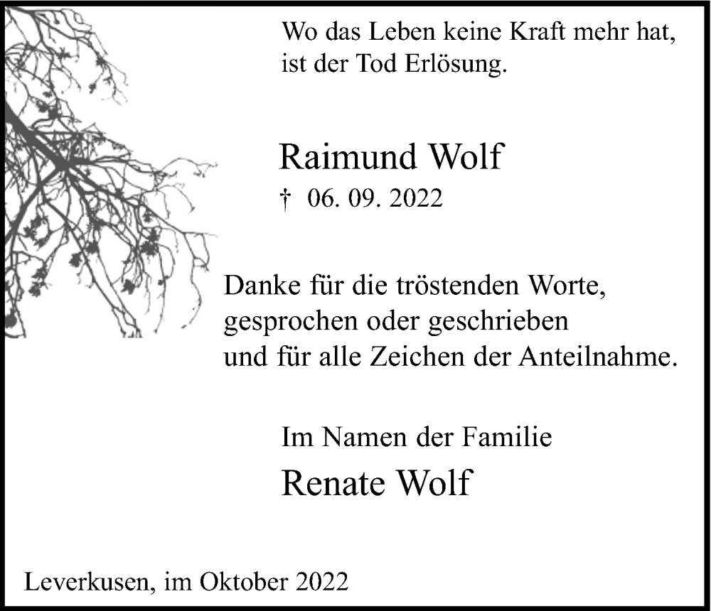  Traueranzeige für Raimund Wolf vom 01.10.2022 aus Kölner Stadt-Anzeiger / Kölnische Rundschau / Express