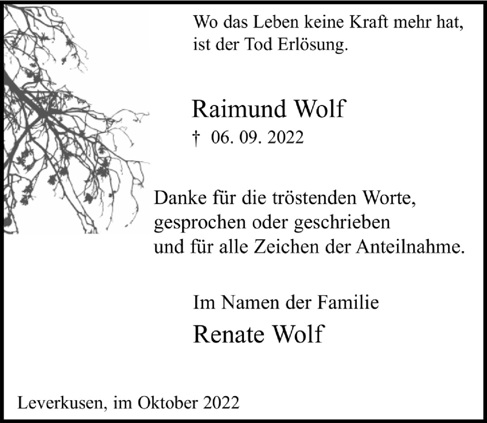  Traueranzeige für Raimund Wolf vom 07.10.2022 aus  Lokale Informationen 