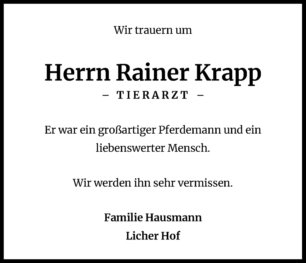  Traueranzeige für Rainer Krapp vom 01.10.2022 aus Kölner Stadt-Anzeiger / Kölnische Rundschau / Express