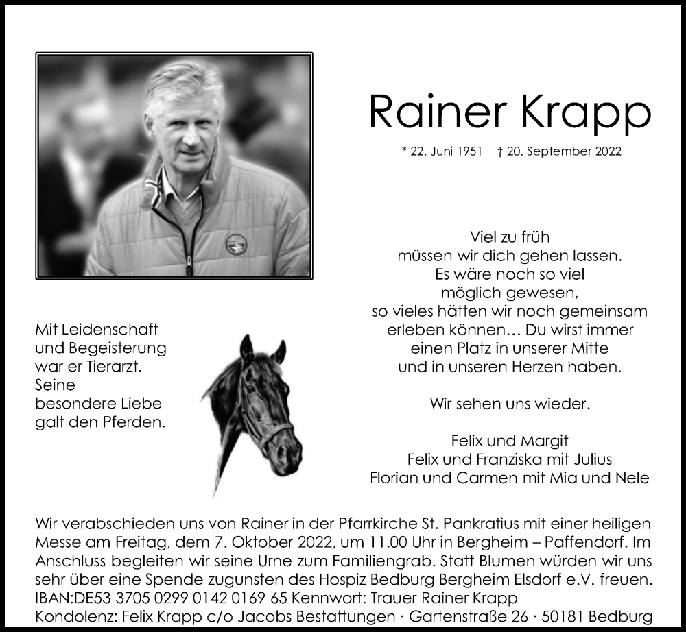  Traueranzeige für Rainer Krapp vom 01.10.2022 aus Kölner Stadt-Anzeiger / Kölnische Rundschau / Express