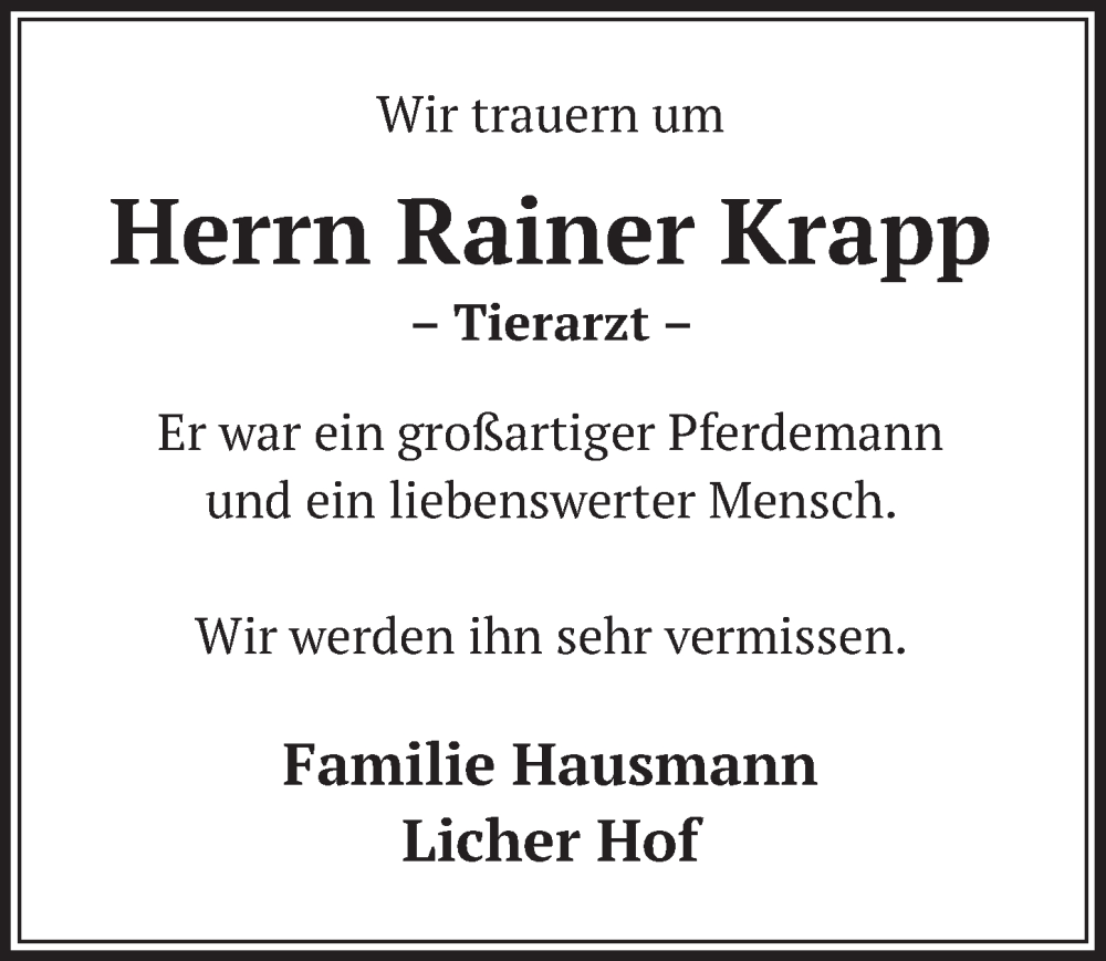  Traueranzeige für Rainer Krapp vom 07.10.2022 aus  Werbepost 