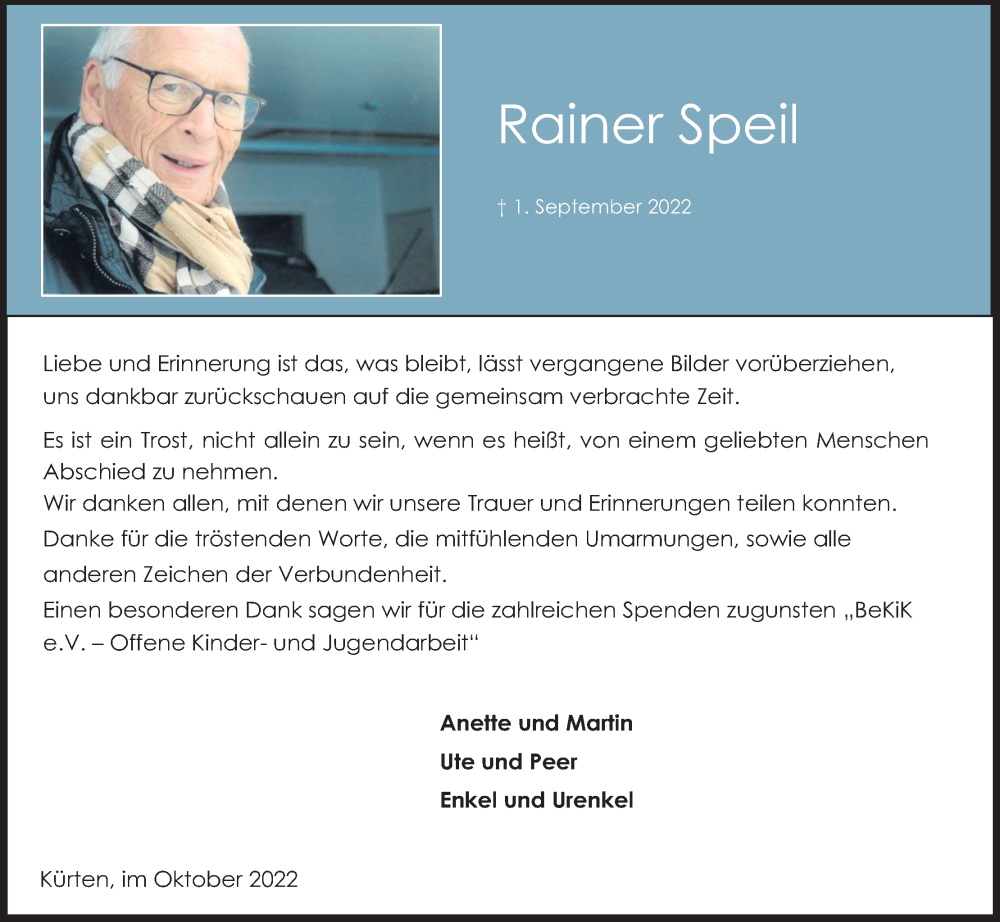  Traueranzeige für Rainer Speil vom 15.10.2022 aus Kölner Stadt-Anzeiger / Kölnische Rundschau / Express