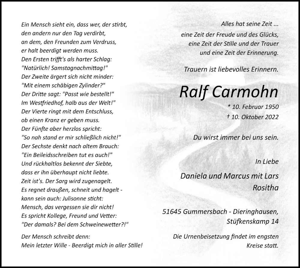  Traueranzeige für Ralf Carmohn vom 21.10.2022 aus  Anzeigen Echo 