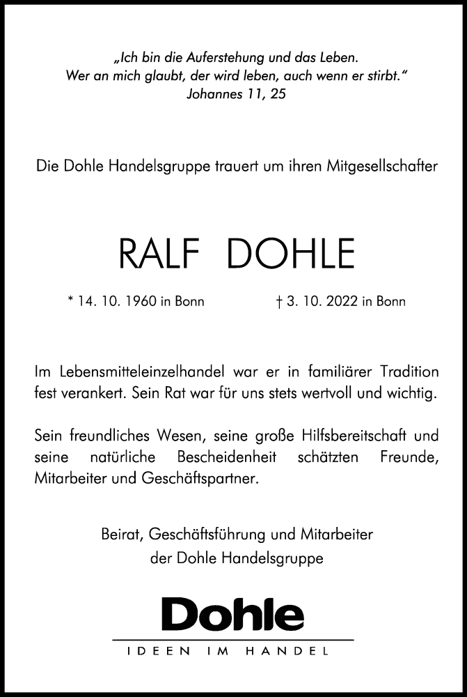  Traueranzeige für Ralf Dohle vom 08.10.2022 aus Kölner Stadt-Anzeiger / Kölnische Rundschau / Express