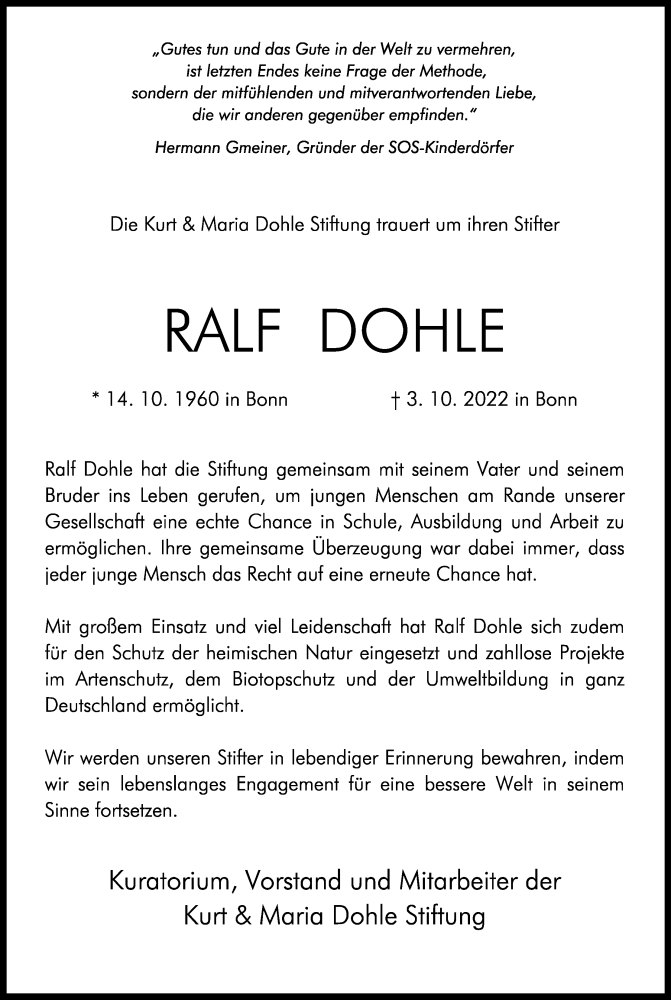  Traueranzeige für Ralf Dohle vom 08.10.2022 aus Kölner Stadt-Anzeiger / Kölnische Rundschau / Express