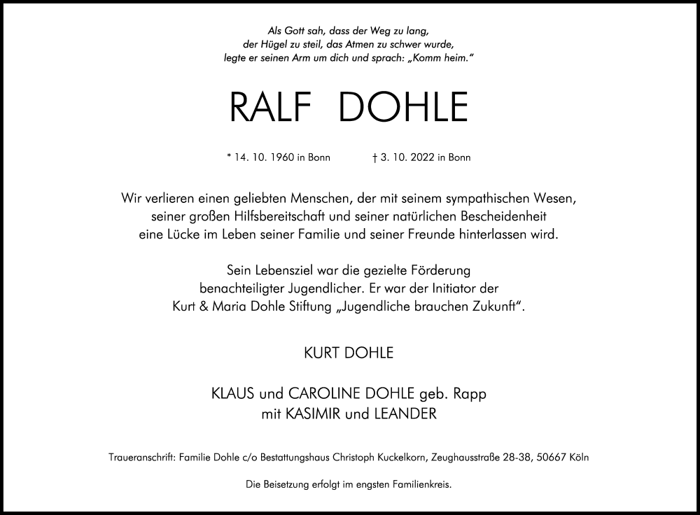  Traueranzeige für Ralf Dohle vom 08.10.2022 aus Kölner Stadt-Anzeiger / Kölnische Rundschau / Express