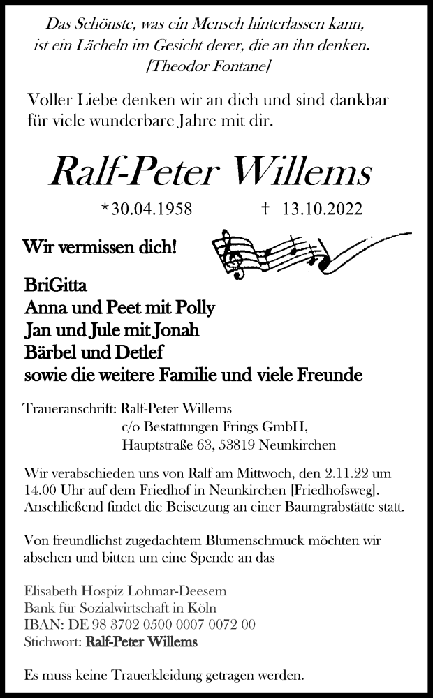  Traueranzeige für Ralf-Peter Willems vom 29.10.2022 aus Kölner Stadt-Anzeiger / Kölnische Rundschau / Express