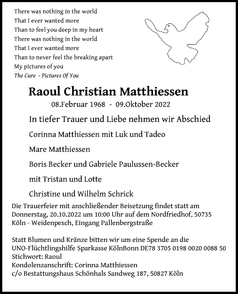  Traueranzeige für Raoul Christian Matthiessen vom 15.10.2022 aus Kölner Stadt-Anzeiger / Kölnische Rundschau / Express