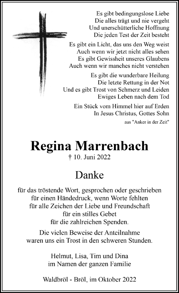  Traueranzeige für Regina Marrenbach vom 14.10.2022 aus  Lokalanzeiger 