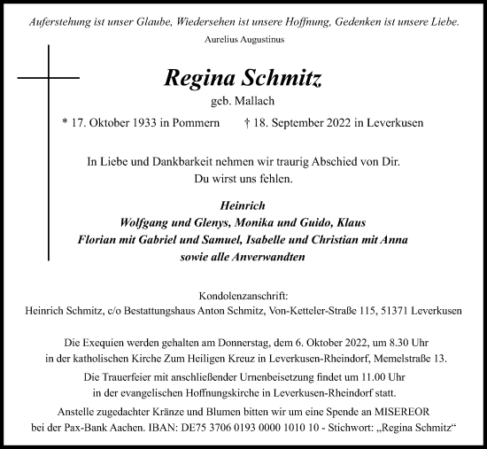 Anzeige von Regina Schmitz von Kölner Stadt-Anzeiger / Kölnische Rundschau / Express