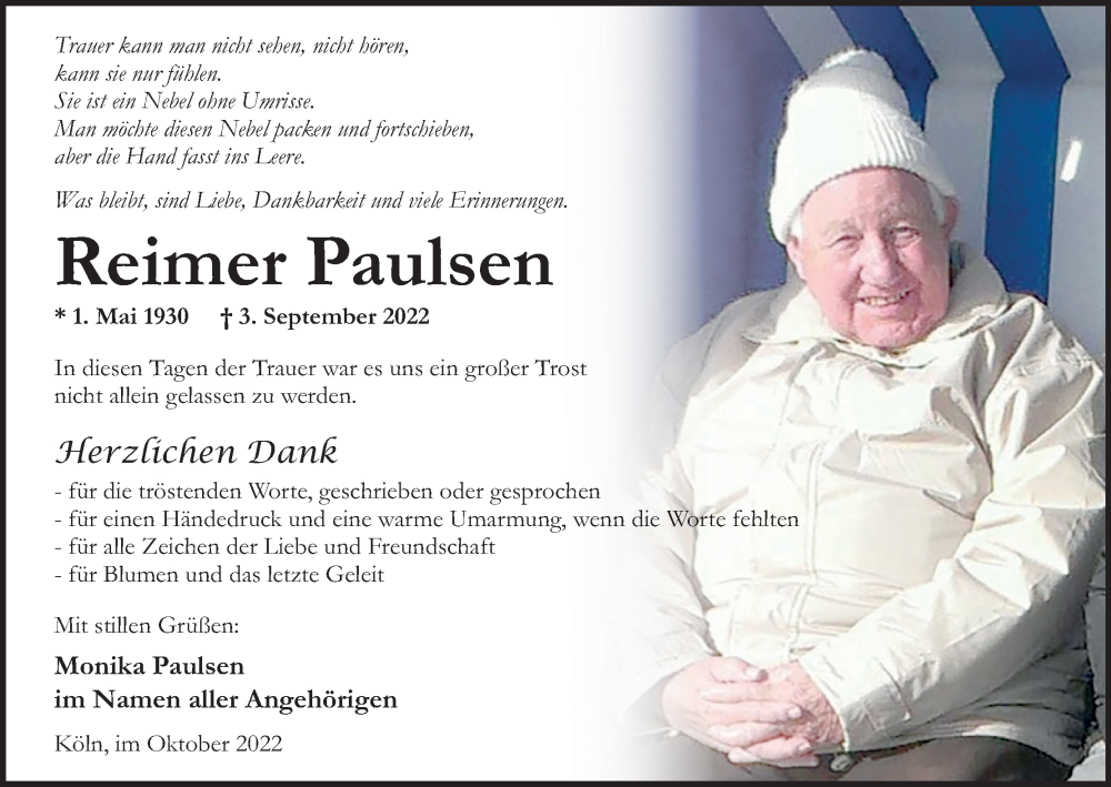  Traueranzeige für Reimer Paulsen vom 22.10.2022 aus Kölner Stadt-Anzeiger / Kölnische Rundschau / Express