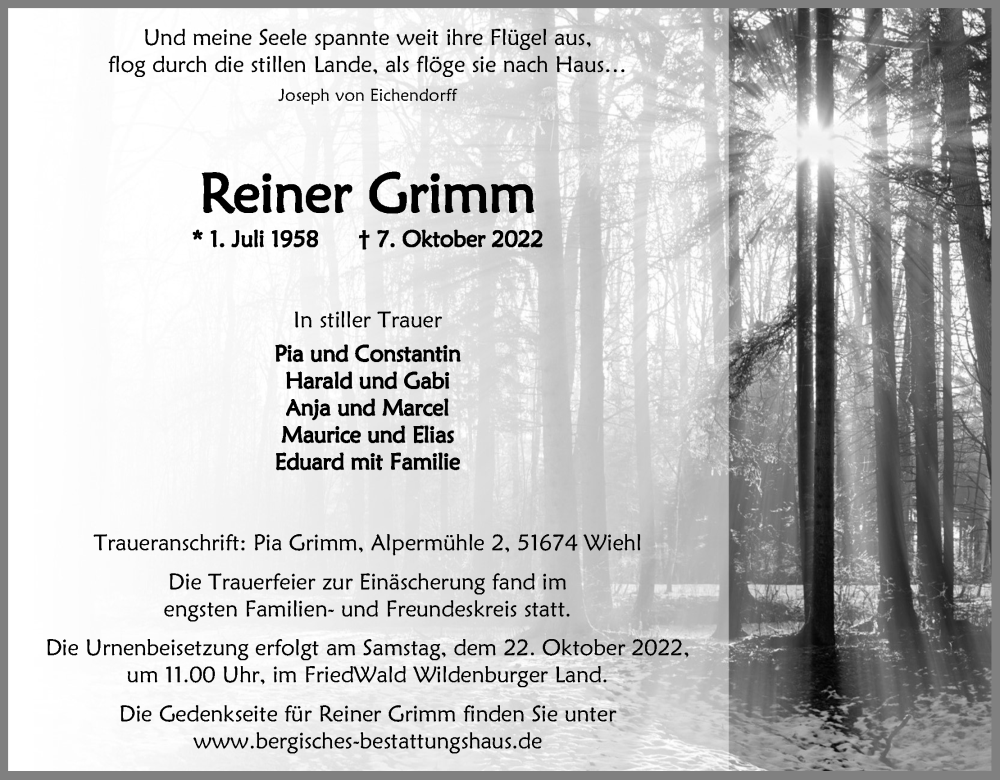  Traueranzeige für Reiner Grimm vom 15.10.2022 aus Kölner Stadt-Anzeiger / Kölnische Rundschau / Express